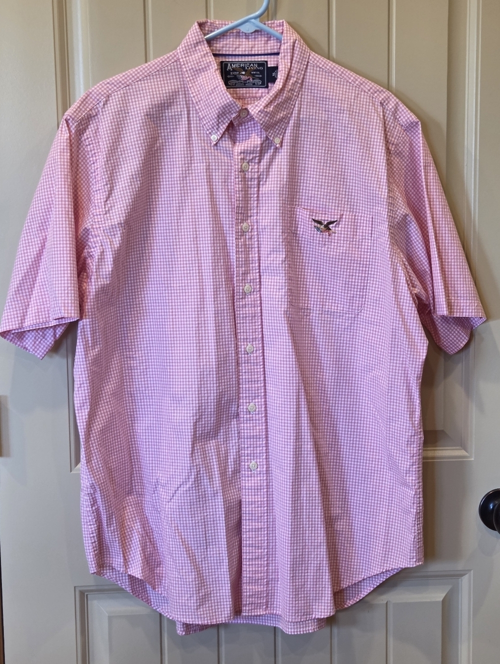 American Living Men’s XL Pink Gingham Short Sleeve Button Down Eagle Logo Shirt